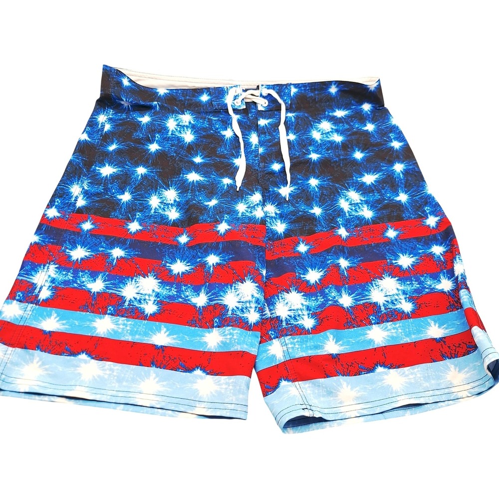 Burnside Mens Patriotic Fireworks Board Shorts Blue Red White Size 38 Pre Owned